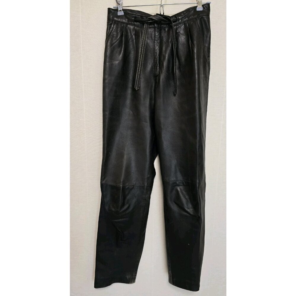 Womens Vintage Leather‎ Pants Made In Italy Size 42 Black Tie Belt